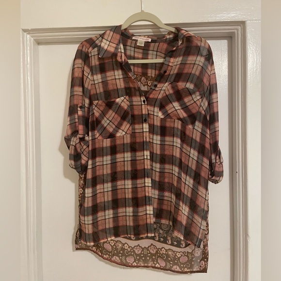 Band of gypsies plaid red, maroon and floral top size Small - Picture 2 of 7